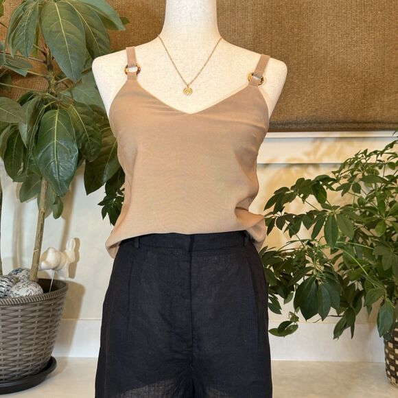 TopShop Women's Top‎ Size 6 Tank Tan Lucite Tortoise Ring Embellished V-Neck EUC - Picture 1 of 9